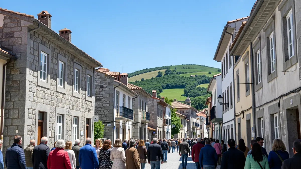 Imaxe xenérica dun ceo despexado sobre unha vila galega con edificios de granito e outeiros verdes.
