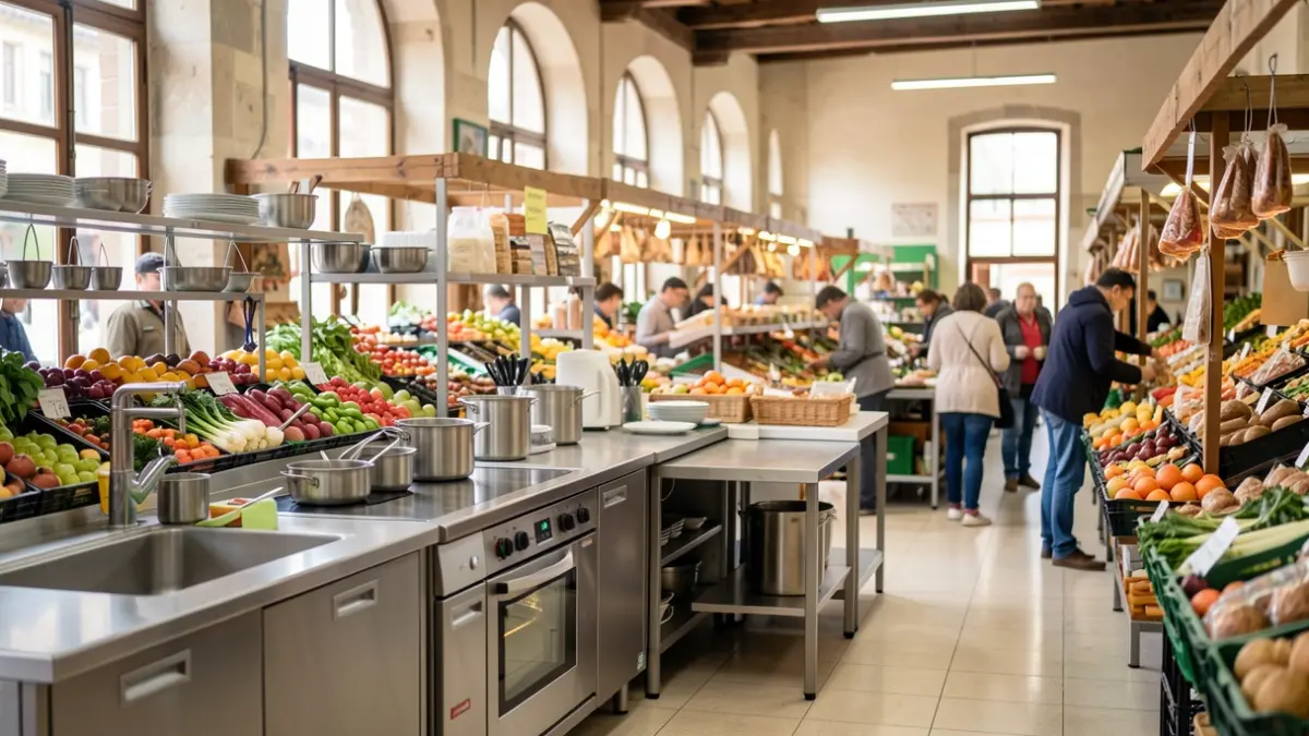 Interior de un mercado municipal gallego con puestos de productos y un aula gastronómica moderna.