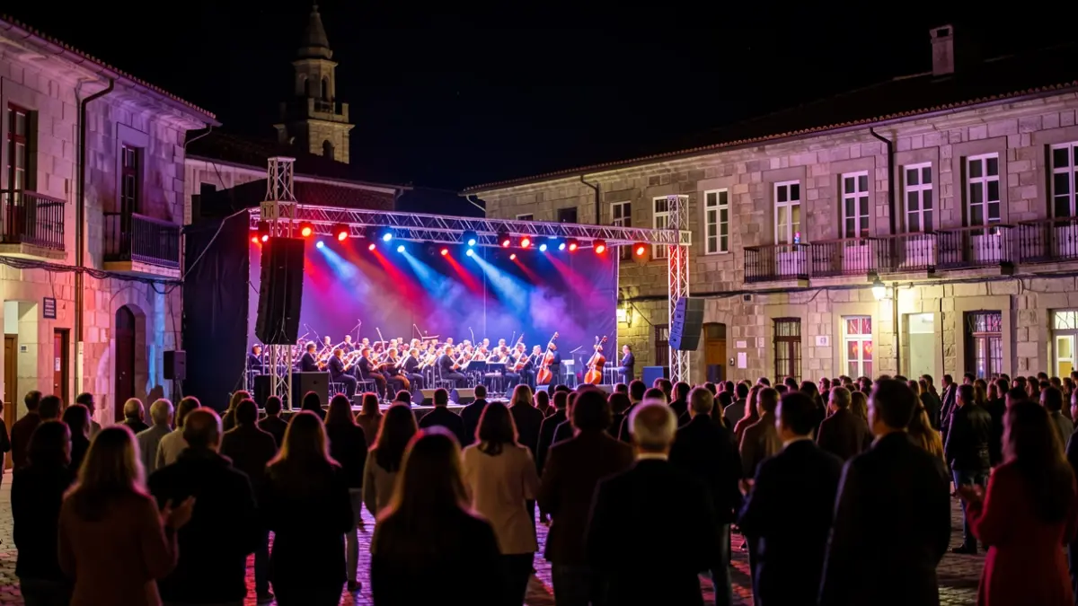 Imaxe xenérica dunha verbena nocturna con orquestra e público en Galicia.
