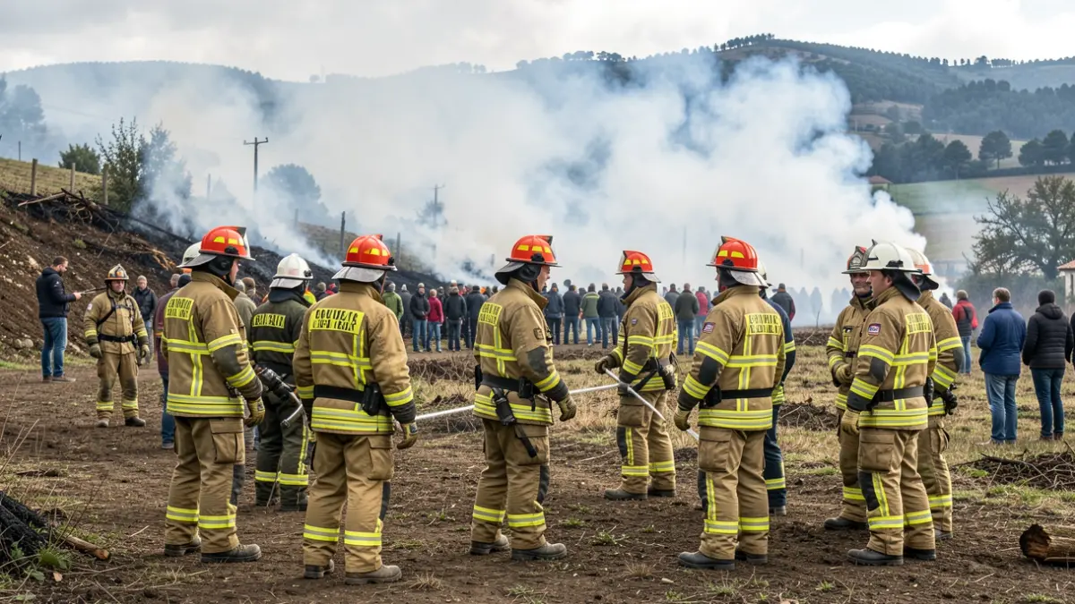 Imaxe xenérica de bombeiros en formación contra incendios forestais.