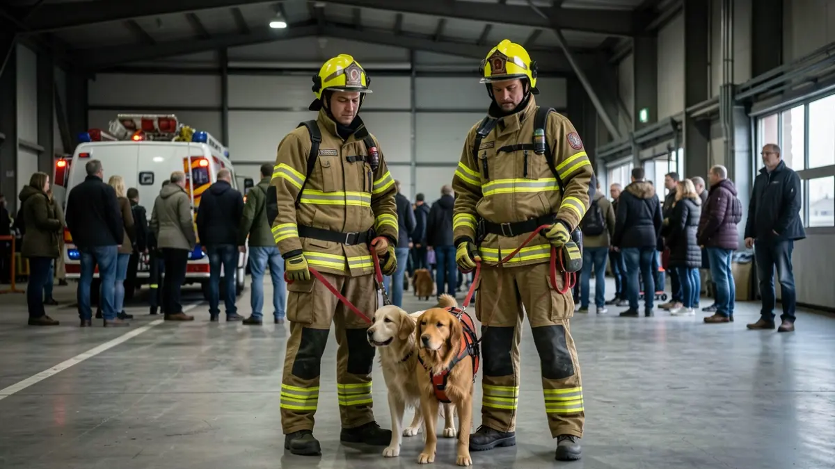 Imagen genérica de dos bomberos con perros de rescate en un hangar de aeropuerto.