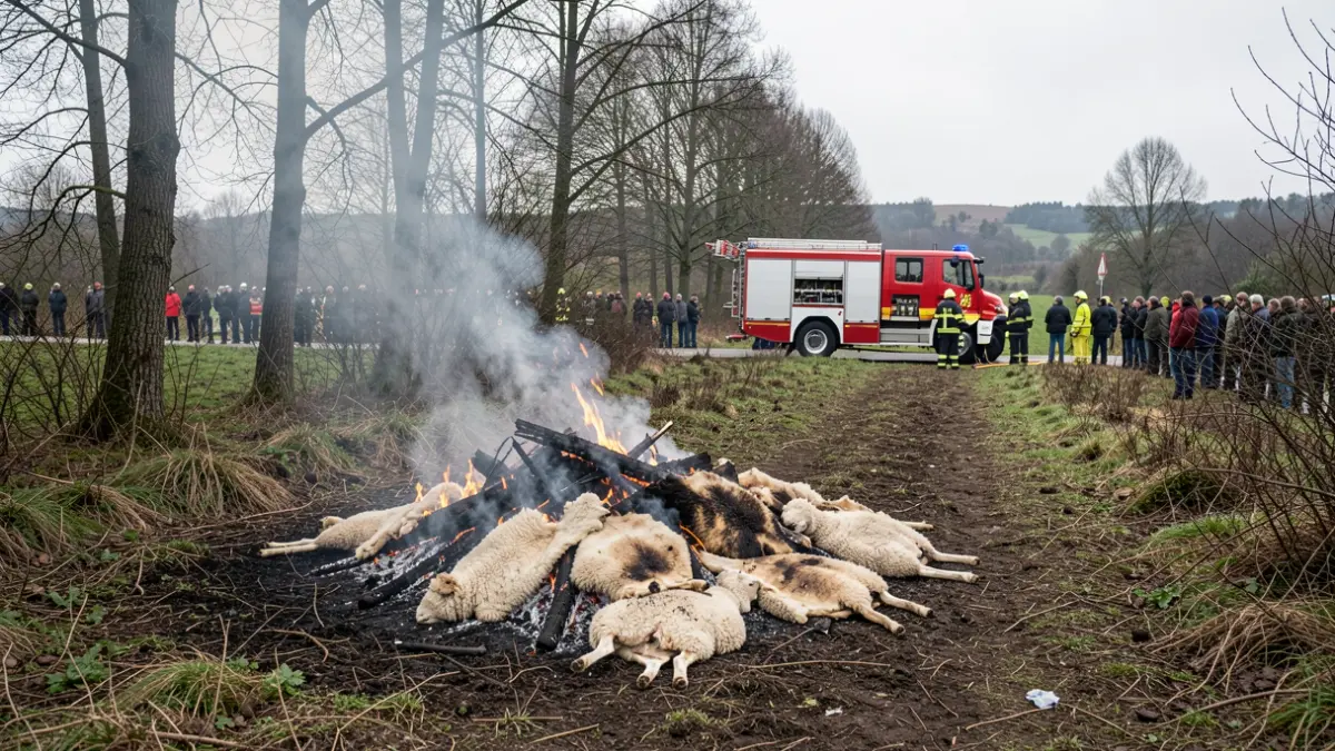 Imaxe xenérica de bombeiros apagando unha pequena queima de peles de ovella nunha zona forestal de Galicia.