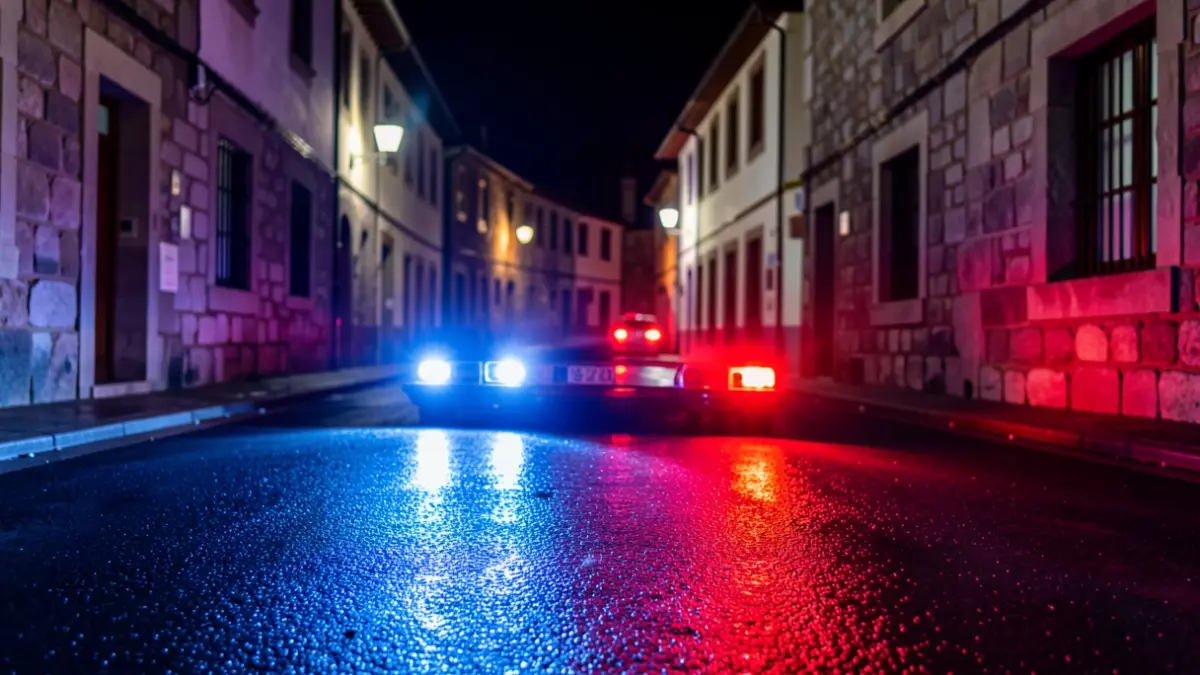 Imagen genérica de luces de emergencia azules y rojas reflejando en una carretera mojada por la noche.