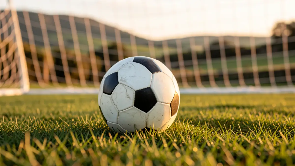 Imagen genérica de un balón de fútbol sobre césped con una red borrosa al fondo.