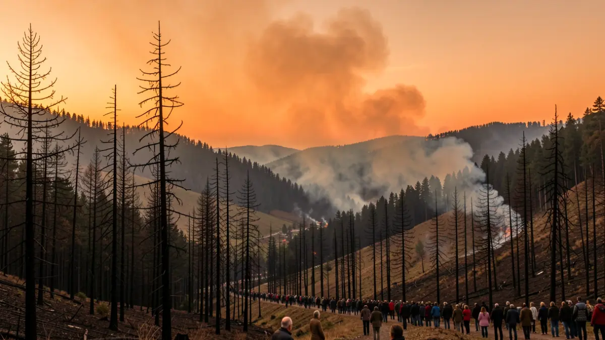 Imagen genérica de incendio forestal en Galicia al anochecer.
