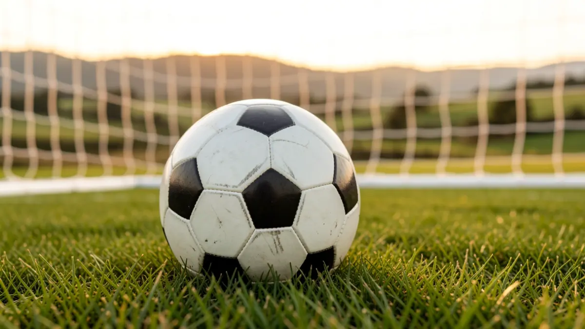 Imaxe xenérica dun balón de fútbol sobre herba cunha rede borrosa ao fondo.
