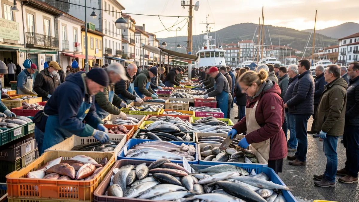 Imaxe xenérica dunha lonxa de peixe en Galicia con caixas de marisco e xente.