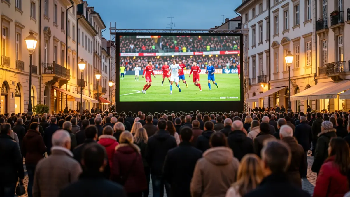 Imagen genérica de una pantalla gigante retransmitiendo un partido de fútbol en una plaza con gente.