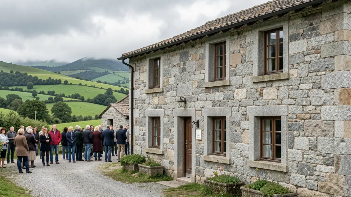 Imaxe xenérica dunha casa rural galega con colinas verdes e ceo nubrado.