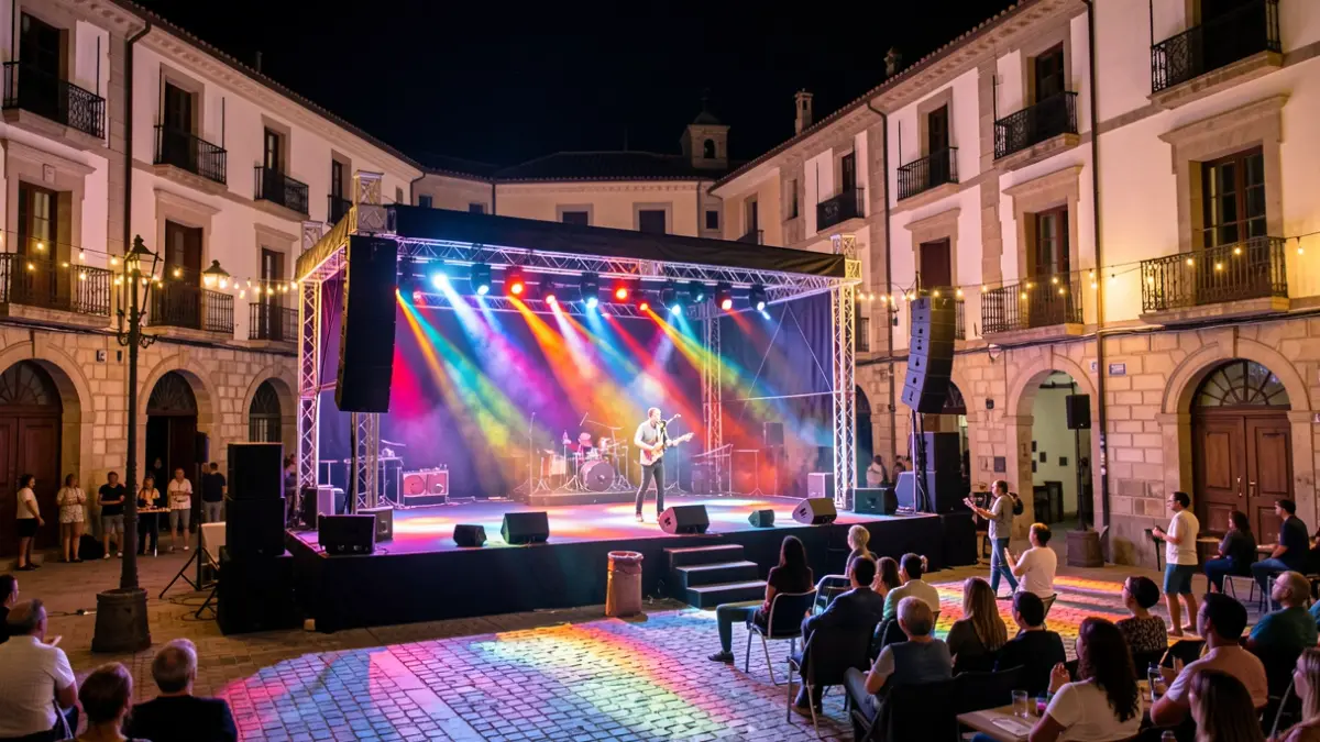 Imagen genérica de un escenario de concierto al aire libre por la noche en una plaza de una ciudad española.