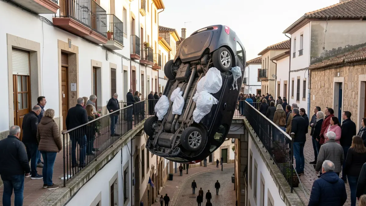 Imagen de un coche volcado en vertical tras caer de un balcón en una vivienda en Oleiros.