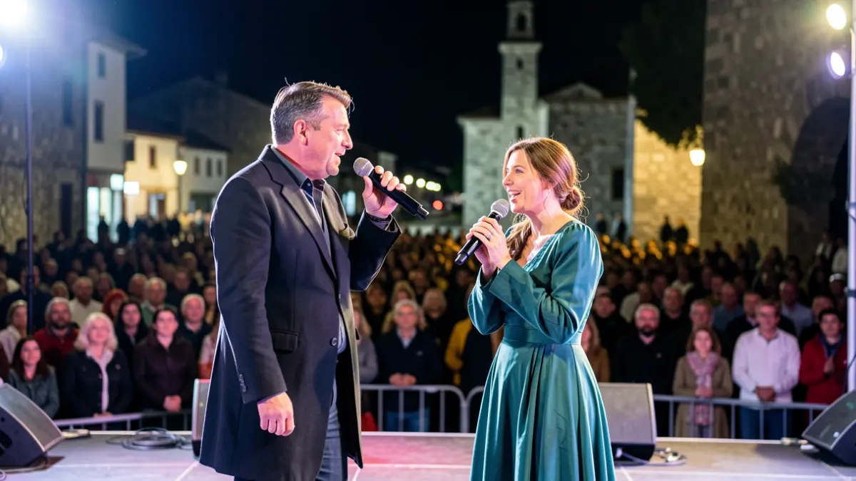 Imaxe xenérica de dous cantantes actuando nun escenario exterior pola noite.