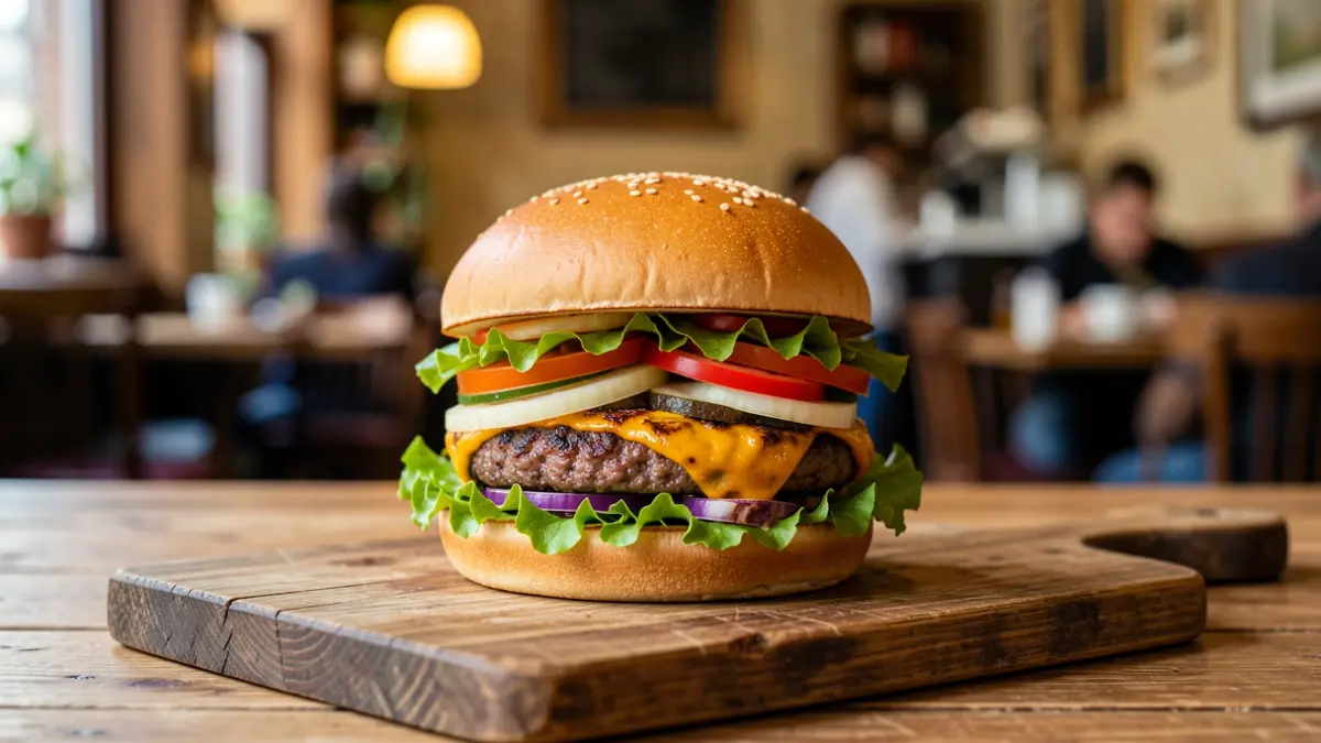 Imaxe dunha hamburguesa contundente de estilo colombiano con varios ingredientes.