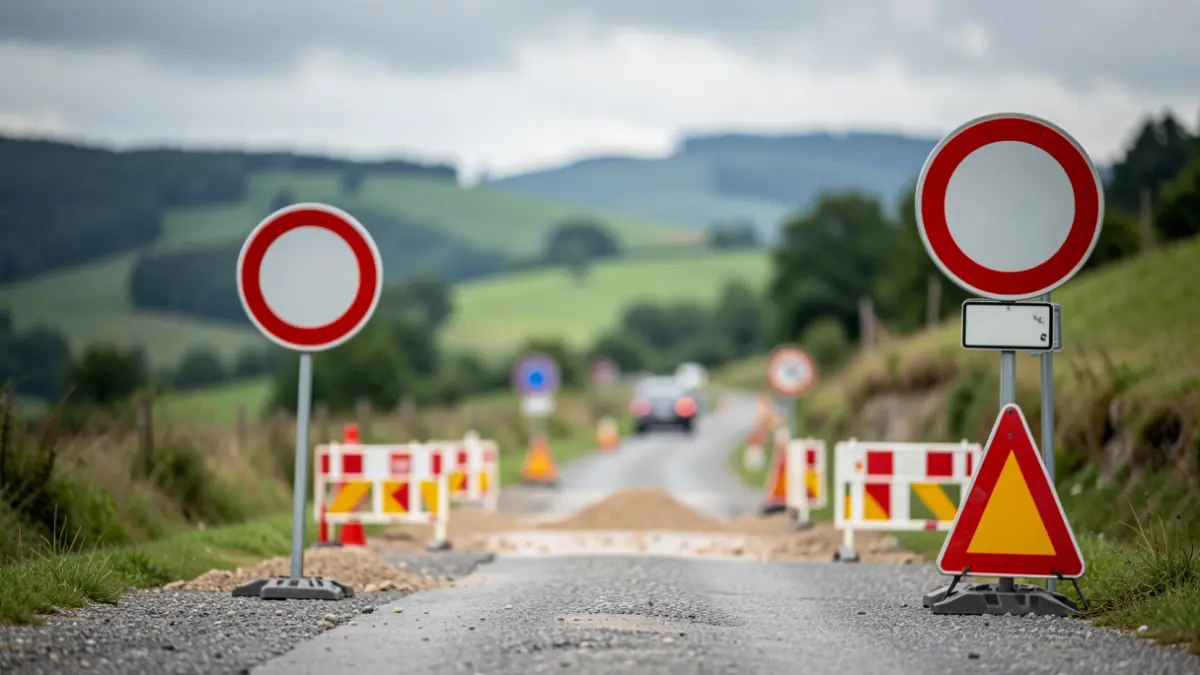 Imaxe xenérica de obras nunha estrada estreita en Galicia con sinais de desvío.