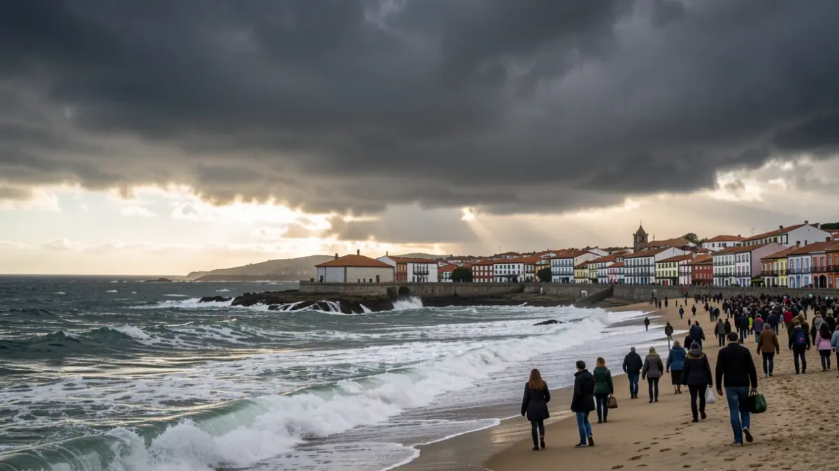 Imagen de un cielo tormentoso sobre Camariñas, con nubes oscuras y mar agitado.