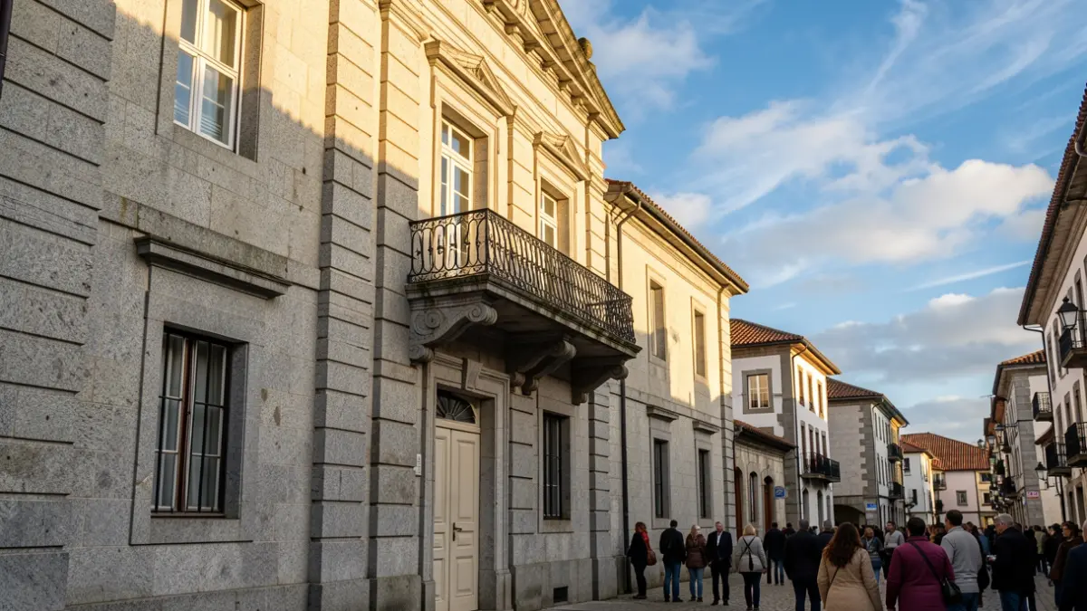 Imaxe xenérica dun concello galego de granito con balcón ornamentado.