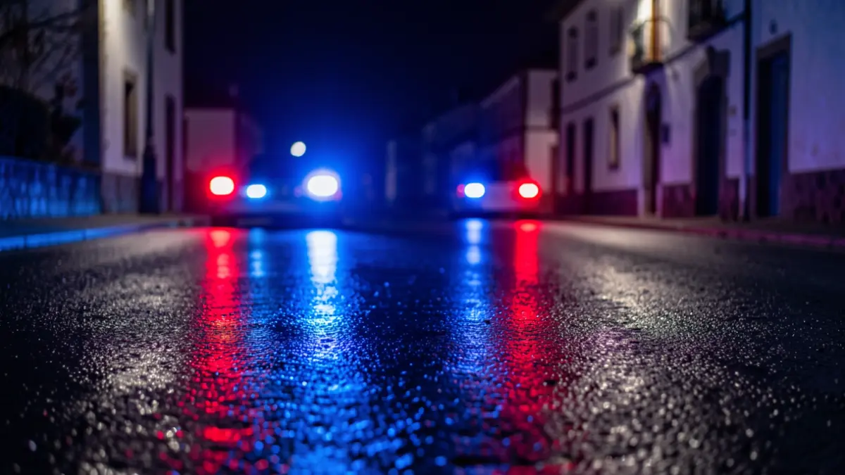 Imagen genérica de luces de emergencia policiales reflejadas en una carretera mojada por la noche.