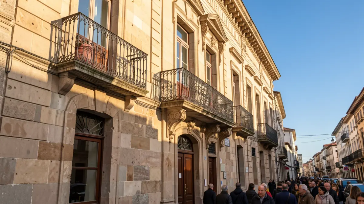 Imagen genérica de un ayuntamiento gallego de piedra con balcón y barandillas de hierro, luz solar de la tarde.
