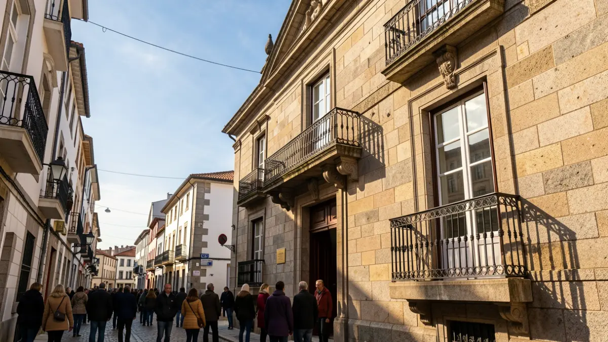 Fachada de granito dun concello galego con balcón ornamentado e varandas de ferro, luz solar cálida da tarde proxectando sombras nas paredes de arenito, ceo azul, estilo fotografía documental, arquitectura típica galega.