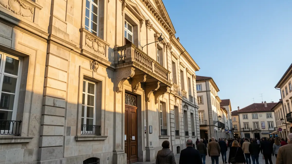 Imaxe xenérica dun concello de pedra galego con balcón ornamentado e luz de tarde.