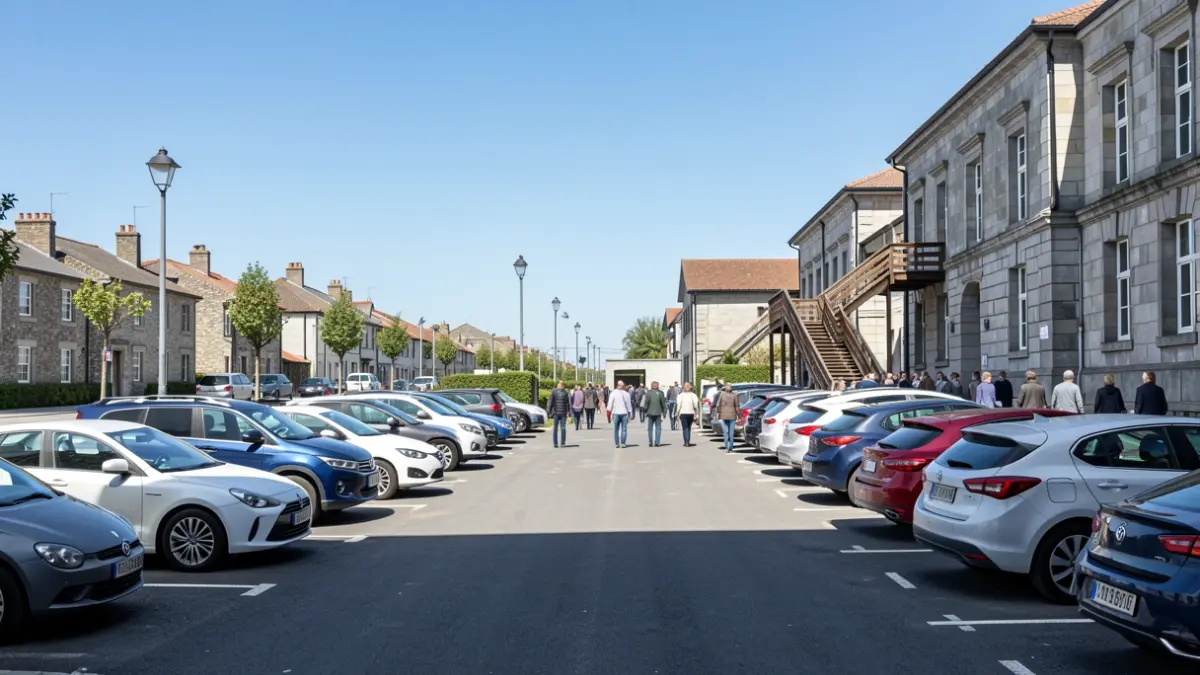 Nova zona de aparcamento gratuíto en Carballo, con varias filas de coches e acceso peonil.