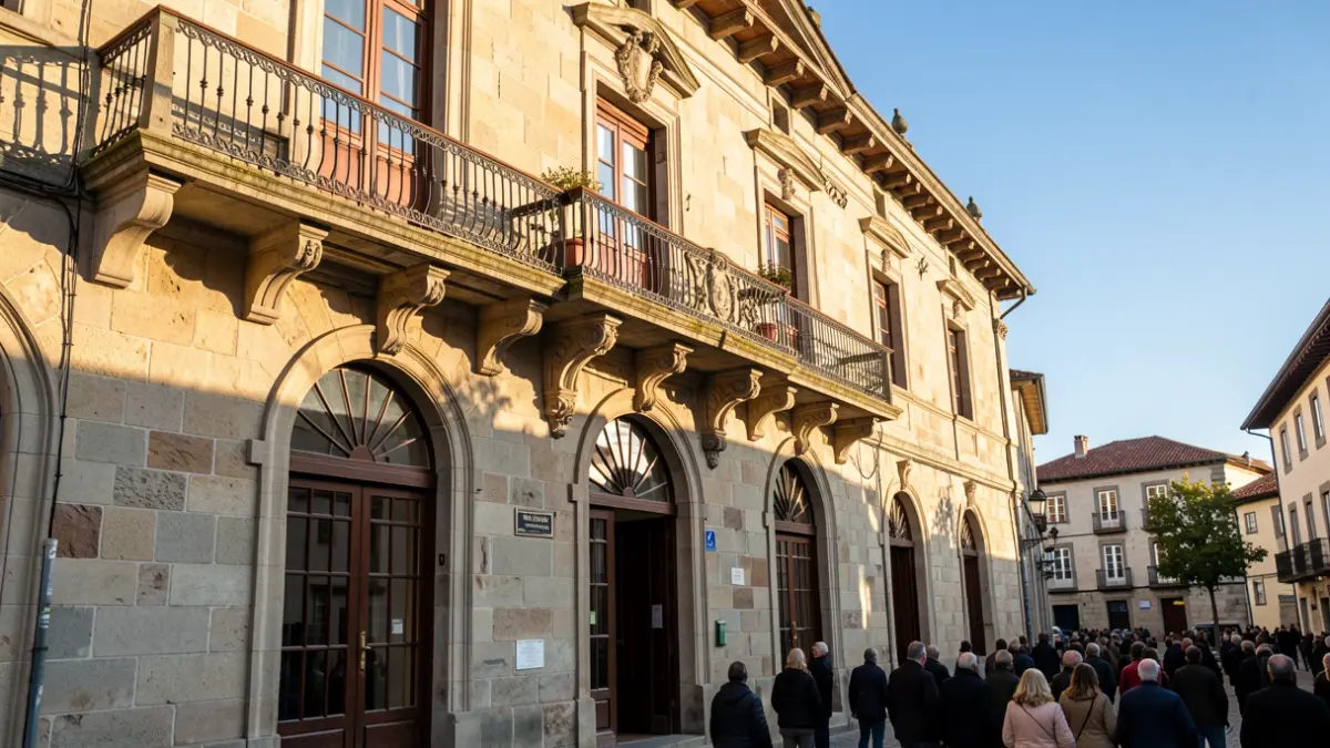Imaxe xenérica dun concello galego de pedra con balcón e ceo azul.