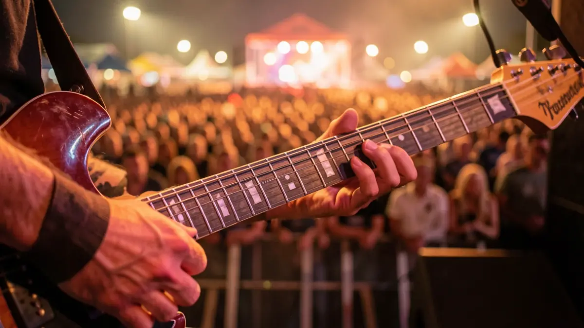 Primer plano de una mano tocando una guitarra en un concierto de rock.
