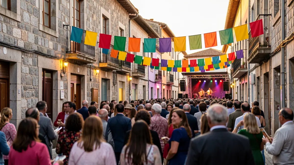 Imaxe xenérica dunha festa popular nunha vila galega con xente e música.