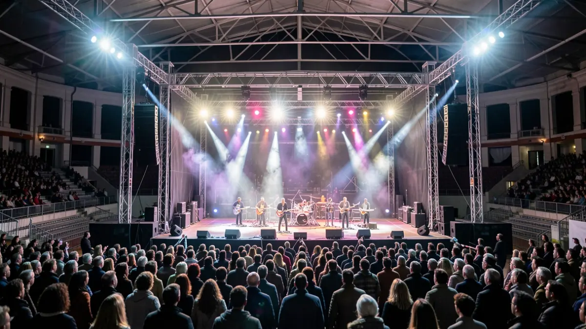 Imaxe xenérica dun escenario de concerto na Coruña con focos e público difuminado.