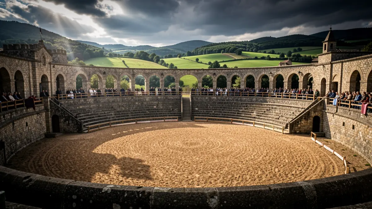 Imagen genérica de una gran arena hípica gallega con arquitectura de piedra y fondo de colinas verdes, con iluminación dramática.