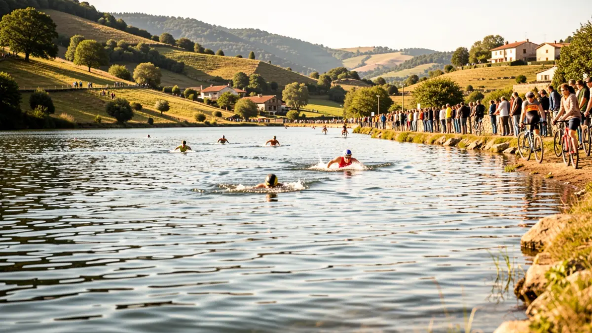 Imaxe xenérica dun lago galego con deportistas competindo nunha proba de tríatlon.
