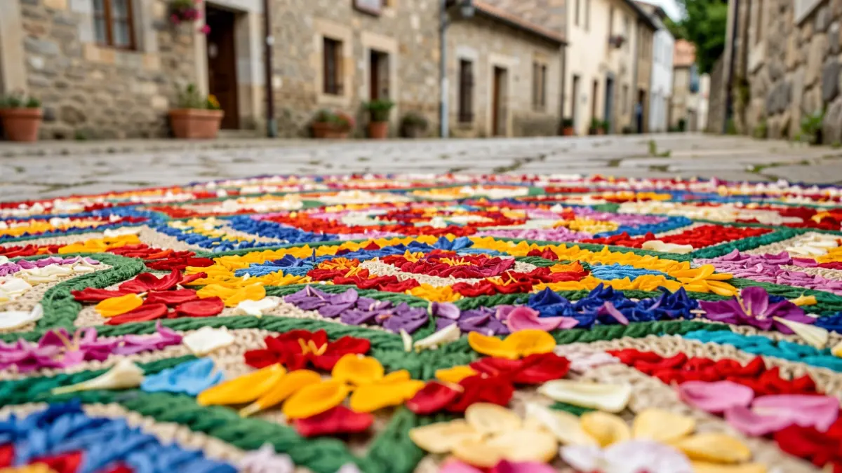 Alfombra floral elaborada polos veciños de Castro Caldelas con motivo da festividade do Corpus Christi.