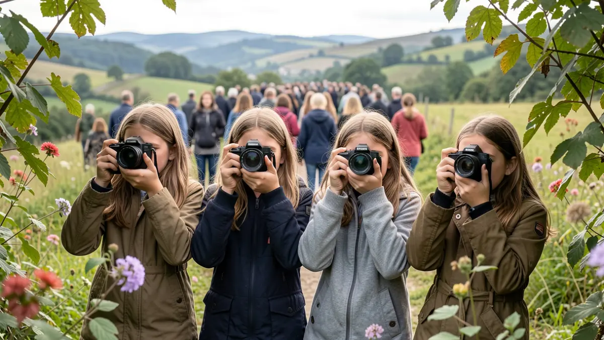 Imaxe xenérica de catro nenas mirando o mundo a través de lentes de cámara imaxinarias, rodeadas de elementos da natureza.