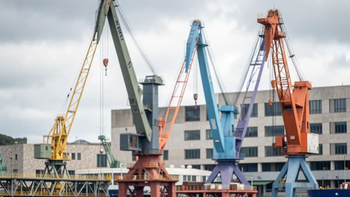 Imaxe xenérica de guindastres industriais nun estaleiro galego.