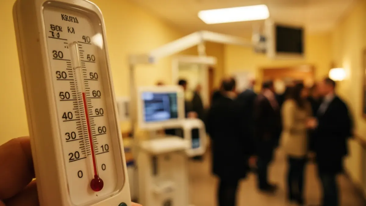 Imaxe xenérica dun termómetro marcando alta temperatura con equipo médico desenfocado.