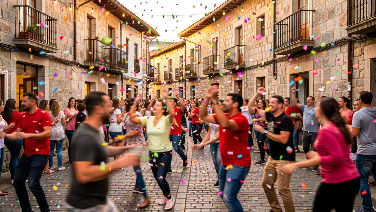 Imaxe dun festival de baile en Celanova con confeti e bailaríns en movemento.