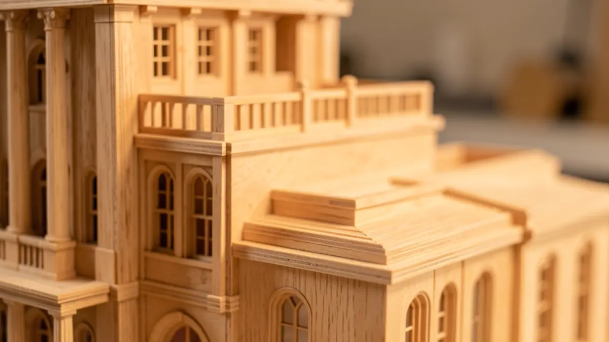 Imaxe xenérica dunha maqueta arquitectónica de madeira con detalles intrincados.