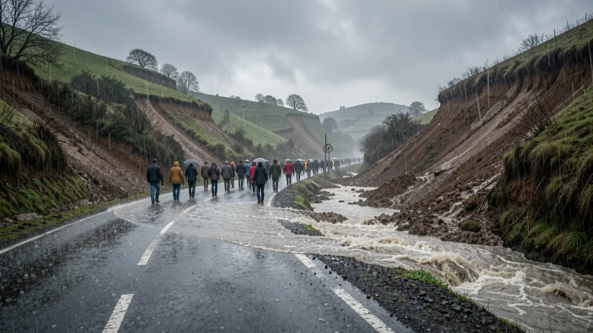 Imagen genérica de fuerte lluvia y desprendimientos en una carretera rural gallega.
