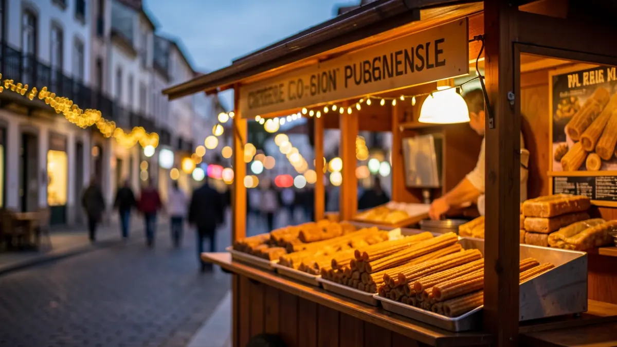 Imaxe xenérica dun posto de churros tradicional con luces de festa.