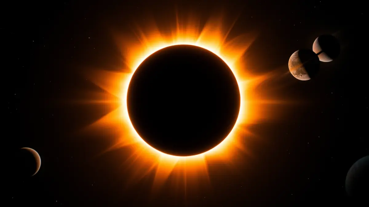 Imagen genérica de un eclipse solar total con proyecciones astronómicas.
