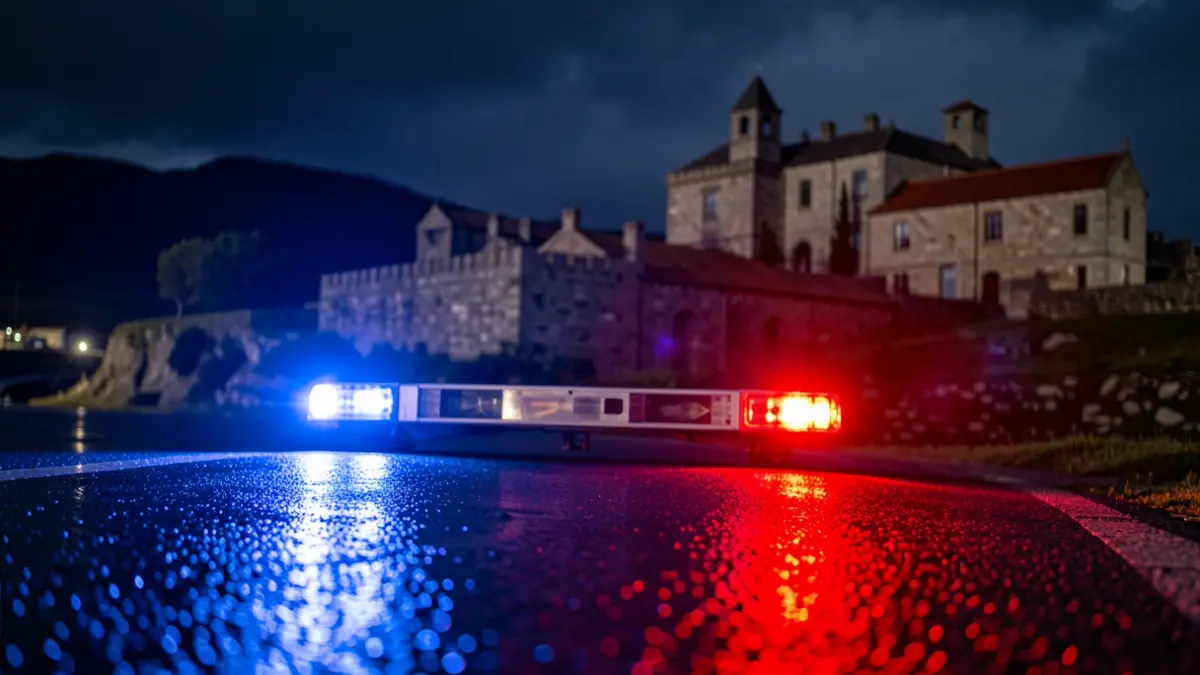 Imagen genérica de luces de emergencia reflejando en una carretera mojada por la noche.