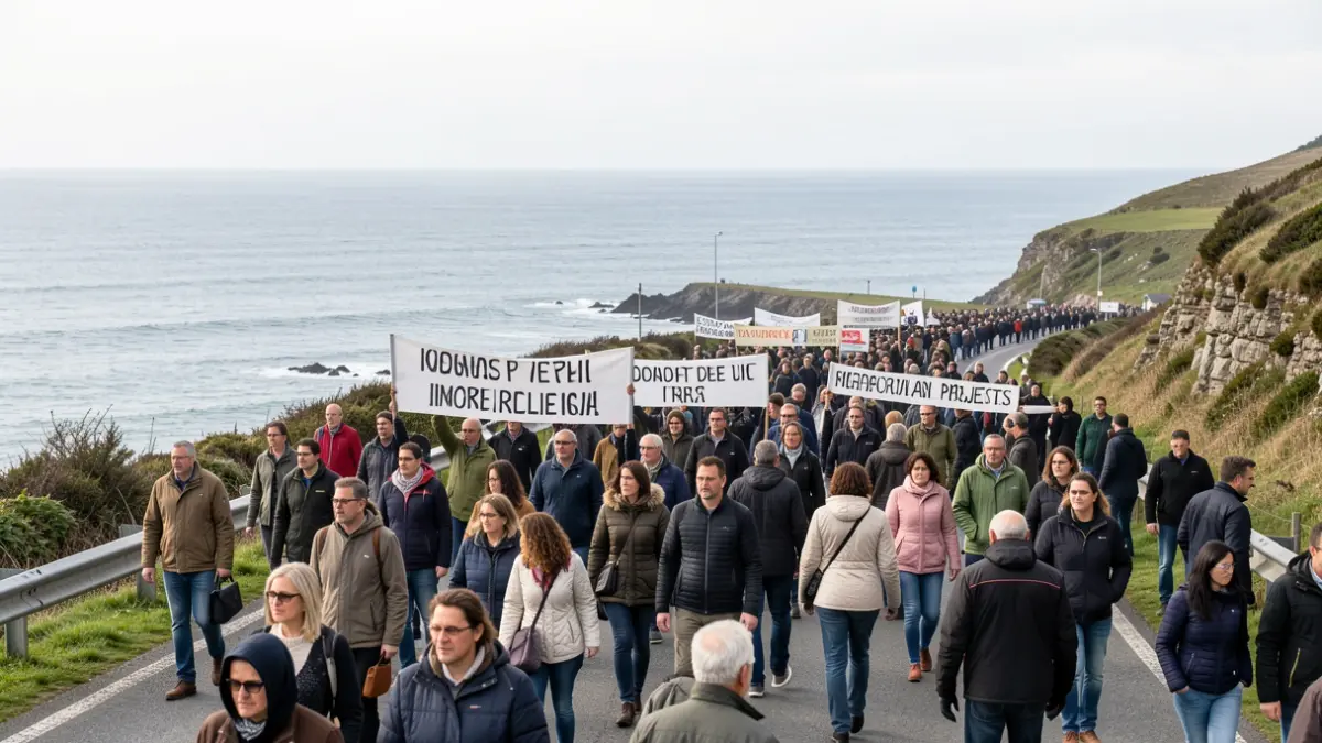 Imaxe dunha manifestación costeira en Galicia contra proxectos industriais.