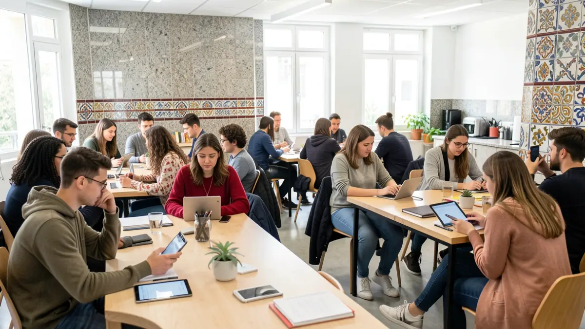 Imagen genérica de gente joven usando tecnología en un espacio de coworking con detalles culturales gallegos.