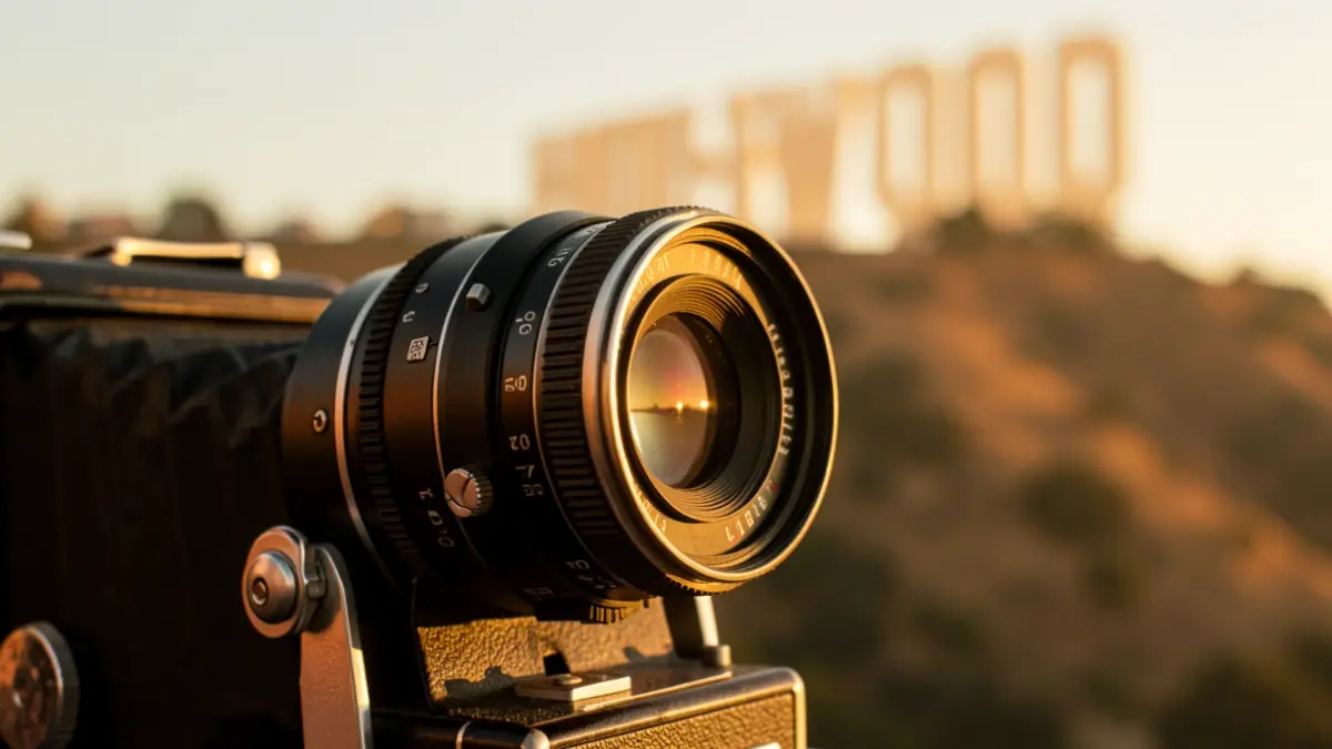 Primeira plana dunha cámara de cine antiga cun cartel de Hollywood desenfocado ao fondo.