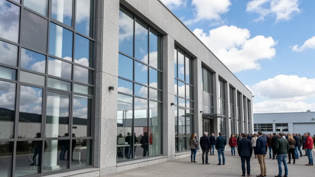 Imagen genérica de un edificio industrial moderno de granito en Galicia.