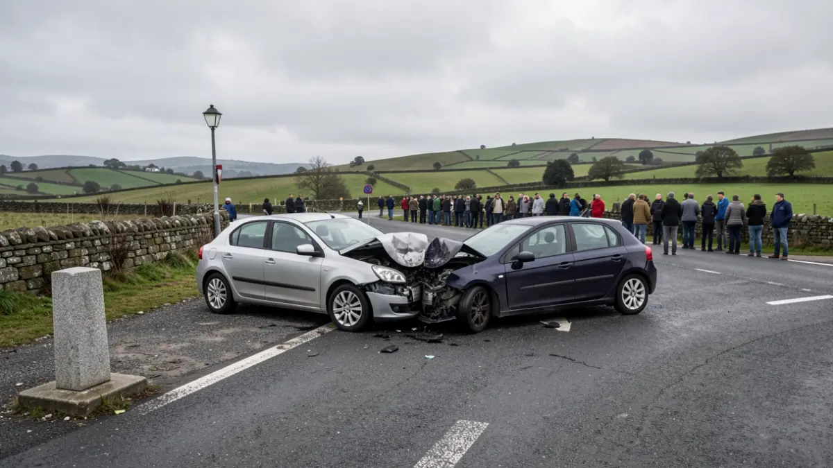 Imaxe xenérica dun accidente de tráfico entre dous coches nun cruce rural de Galicia.