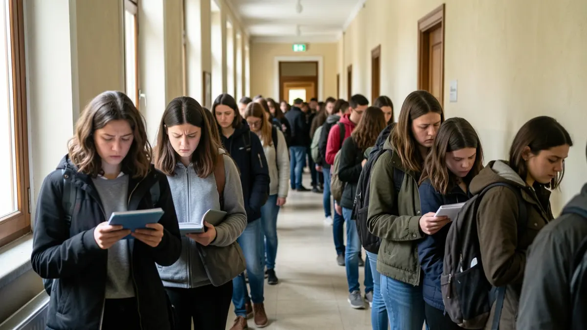Imaxe xenérica de estudantes concentrados nun corredor universitario en Galicia.