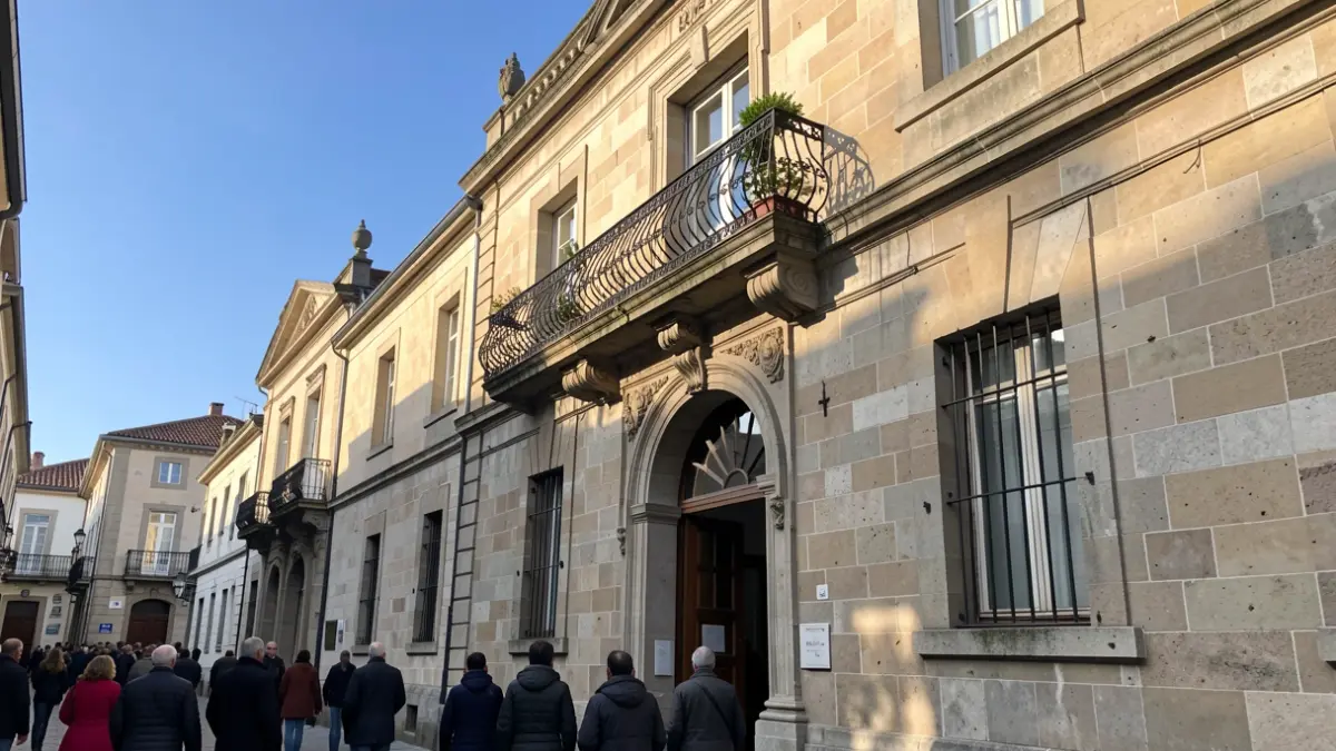Imagen genérica de un edificio institucional de piedra con balcón y barandillas de hierro, bajo la luz del sol de la tarde.