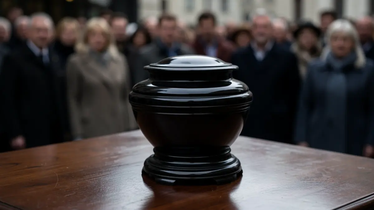 Imagen genérica de una urna funeraria sobre madera oscura.