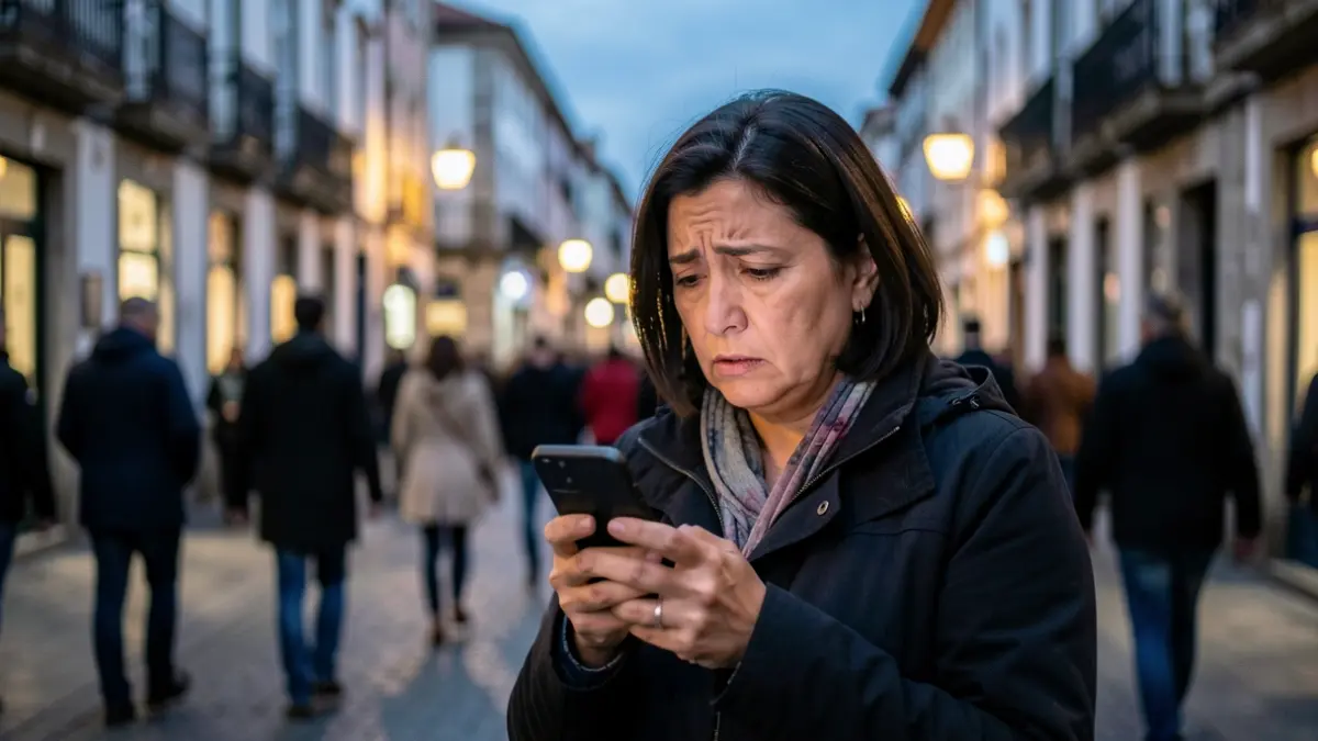 Imaxe dunha muller venezolana en Ourense mirando o móbil con preocupación.